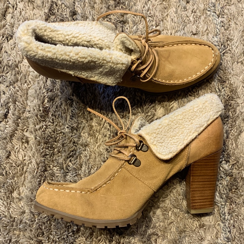 Leather upper heel booties warm insulated stylish Audrey Brooke shoes